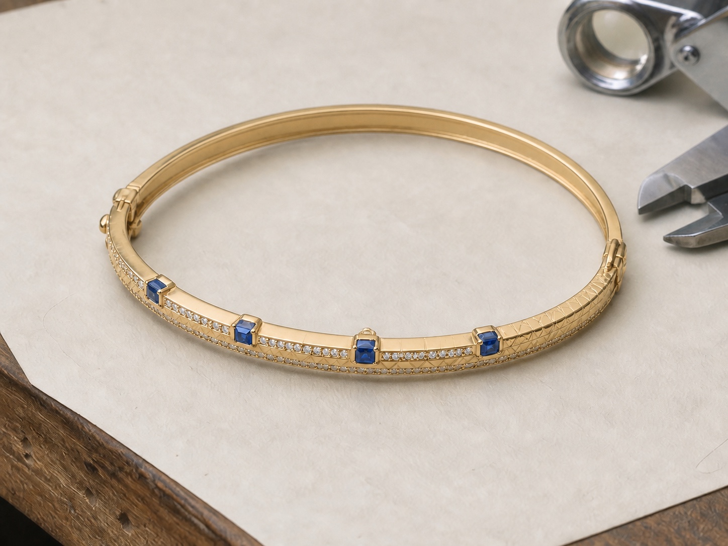 Detalhe da cravação e do fecho de uma pulseira de ouro