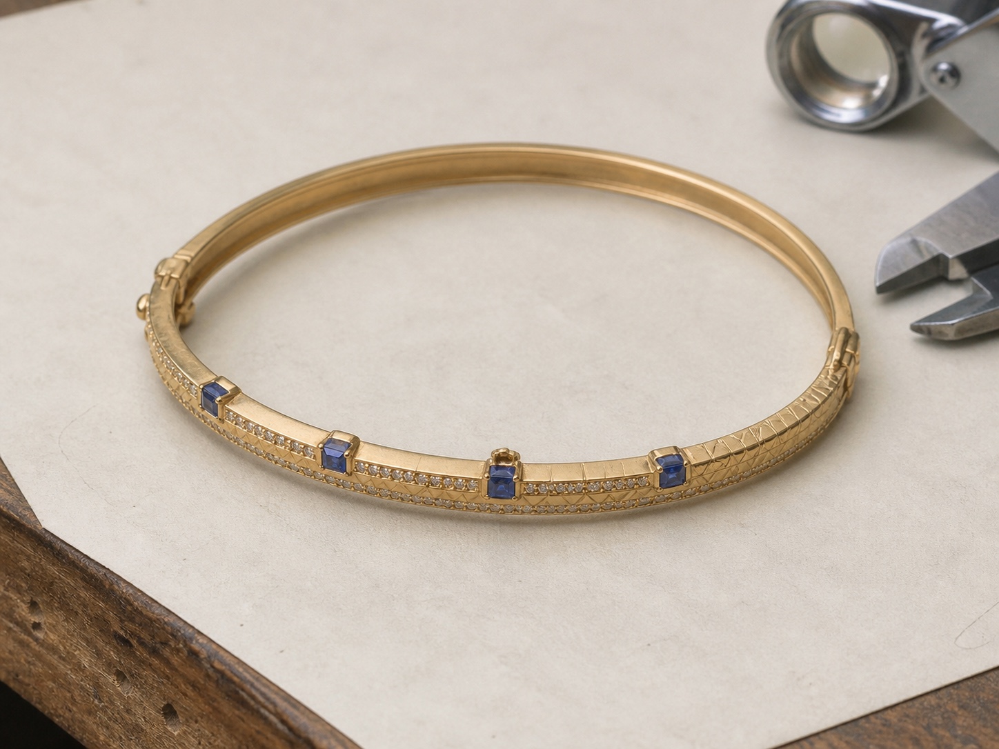 Pulseira de ouro com pedras azuis sobre a bancada